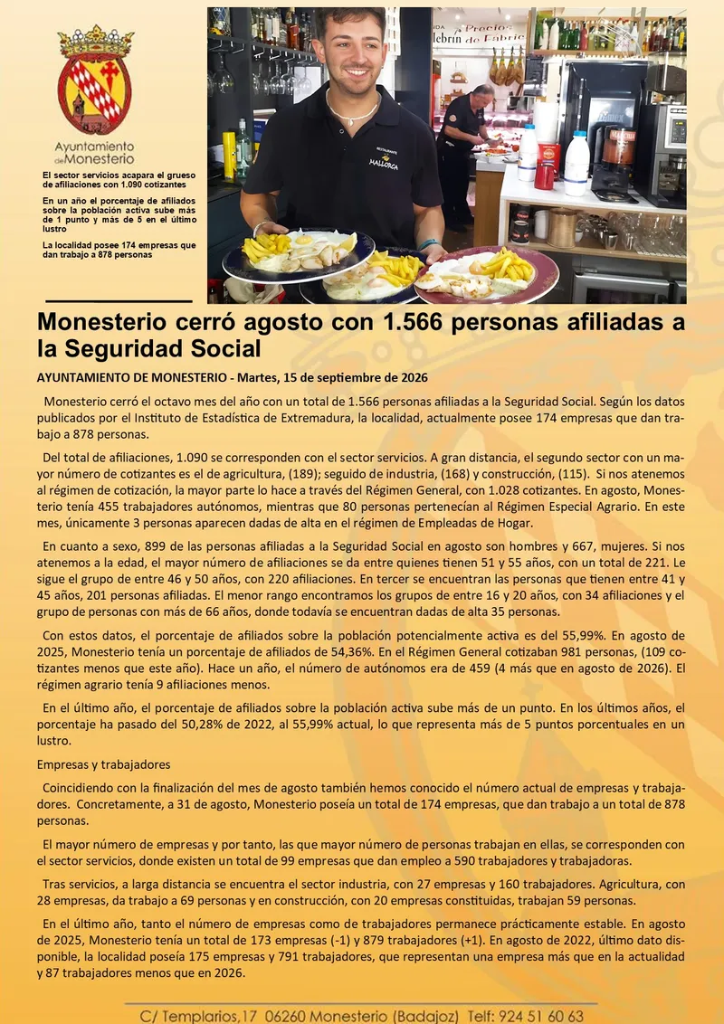 Monesterio supera los 1.500 afiliados a la Seguridad Social al cierre de agosto