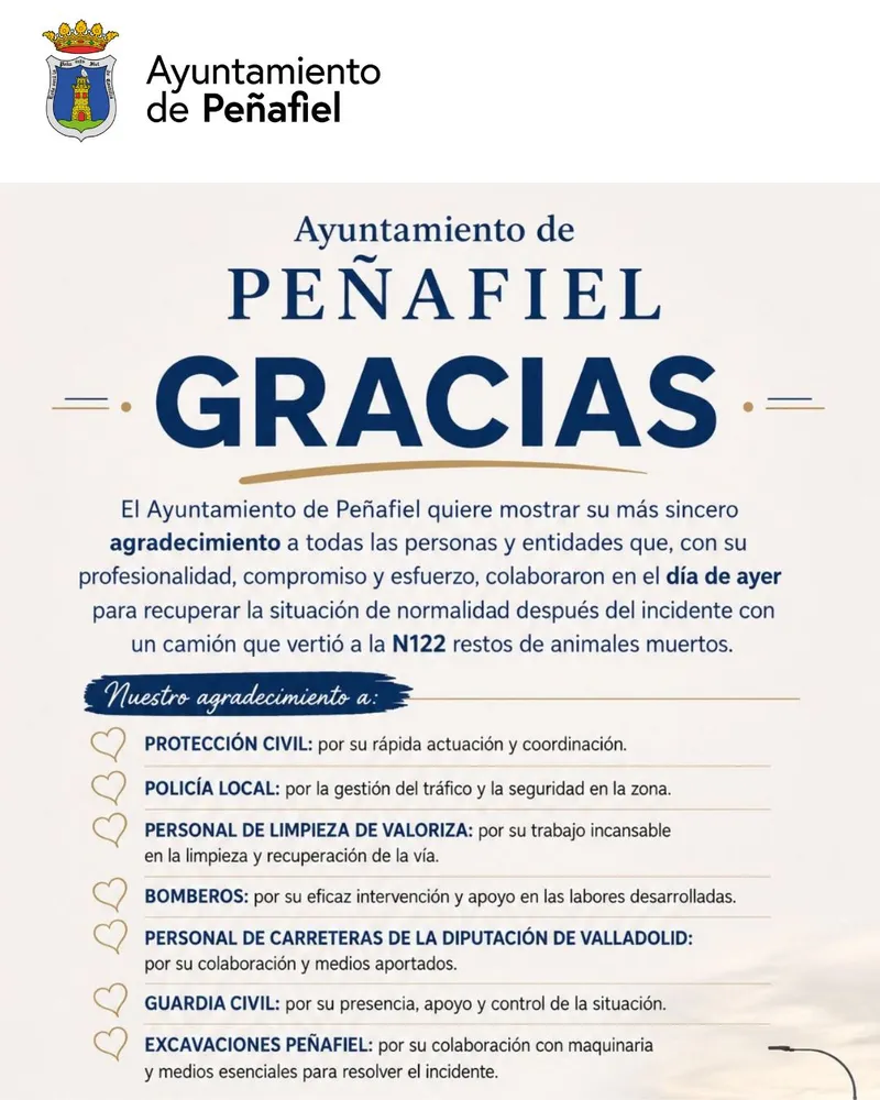 Peñafiel agradece la rápida actuación tras el vertido de restos animales en la N-122