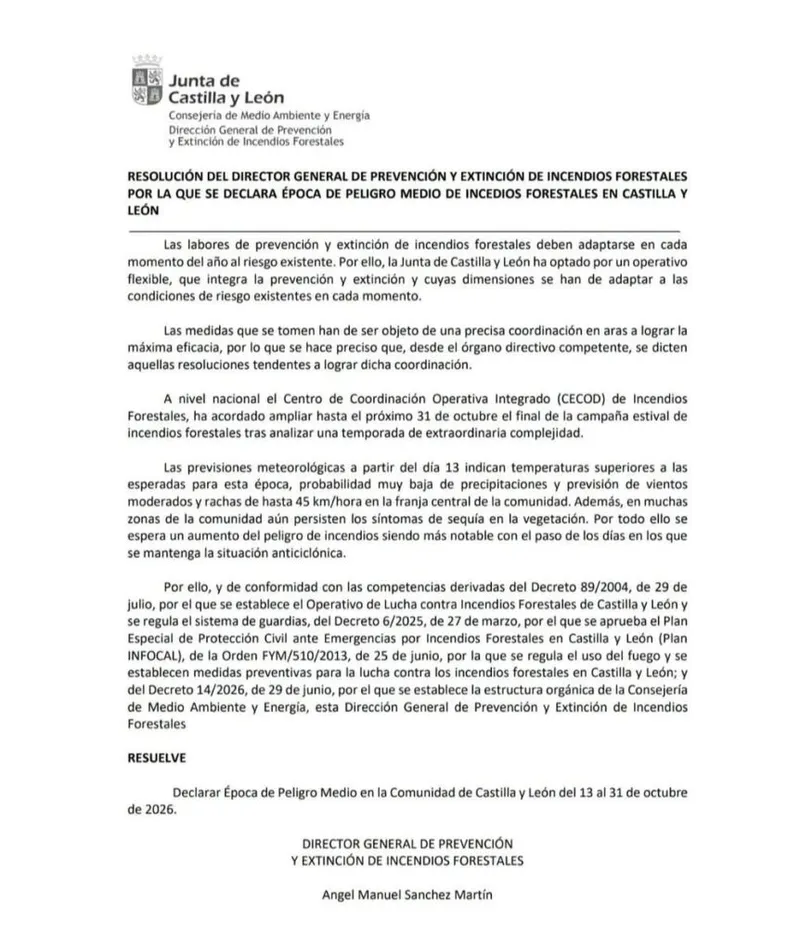 Castilla y León eleva la precaución ante el riesgo de incendios forestales hasta finales de octubre