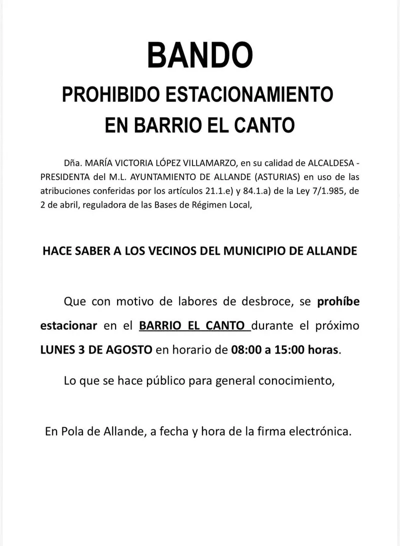 Prohibición de aparcamiento en el Barrio del Canto de Allande este lunes 3 de agosto