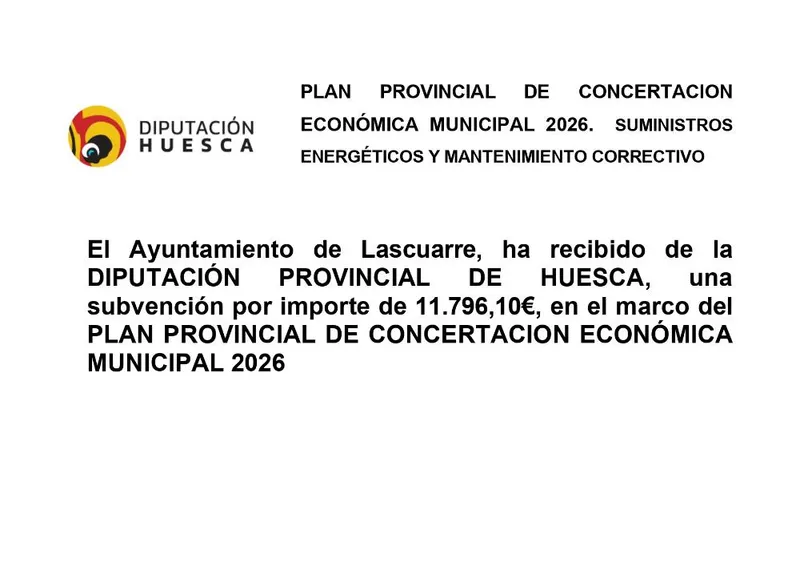 Lascuarre recibe 11.796€ de la Diputación de Huesca para servicios municipales