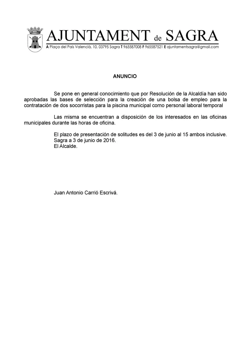 Sagra anuncia bolsa de trabajo para cubrir puestos municipales