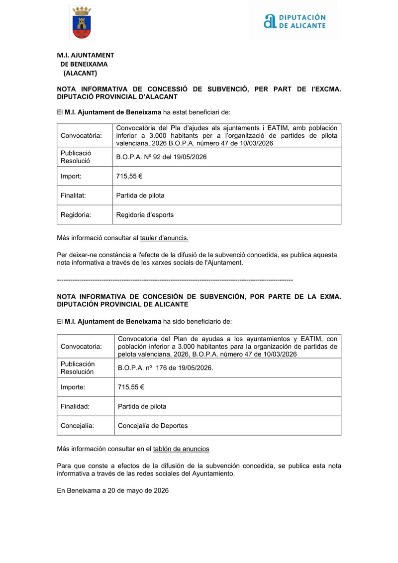 Beneixama recibe una subvención de la Diputación de Alicante para una partida de pelota valenciana