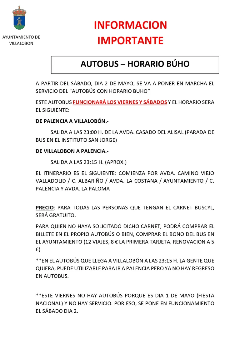 El servicio nocturno de autobús 'Búho' de Villalobón modifica su horario