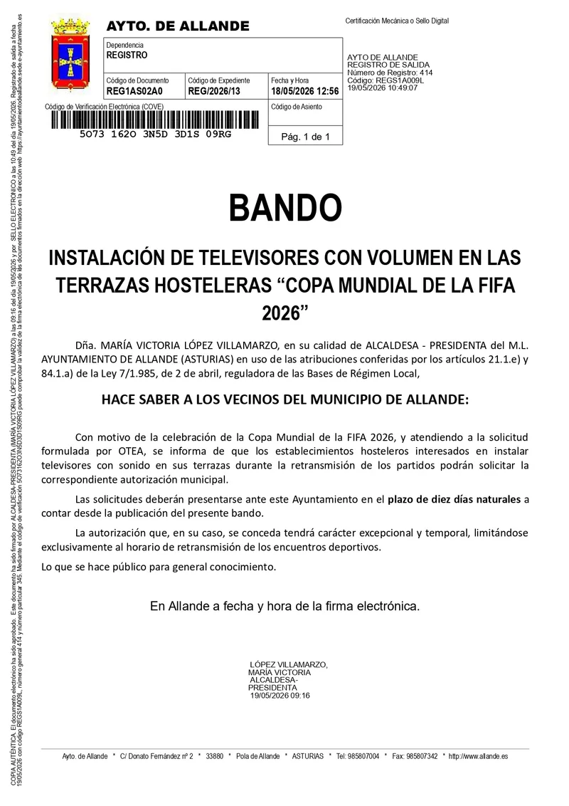 Allande instala pantallas gigantes para seguir el Mundial de Fútbol en las terrazas
