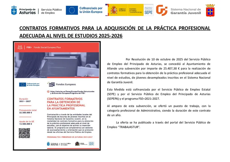 Allande abre convocatorias de contratos formativos para jóvenes profesionales