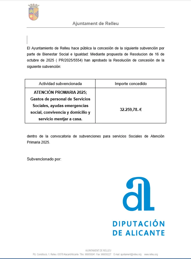 Relleu concede una subvención de más de 32.000€ para servicios sociales y ayudas de emergencia
