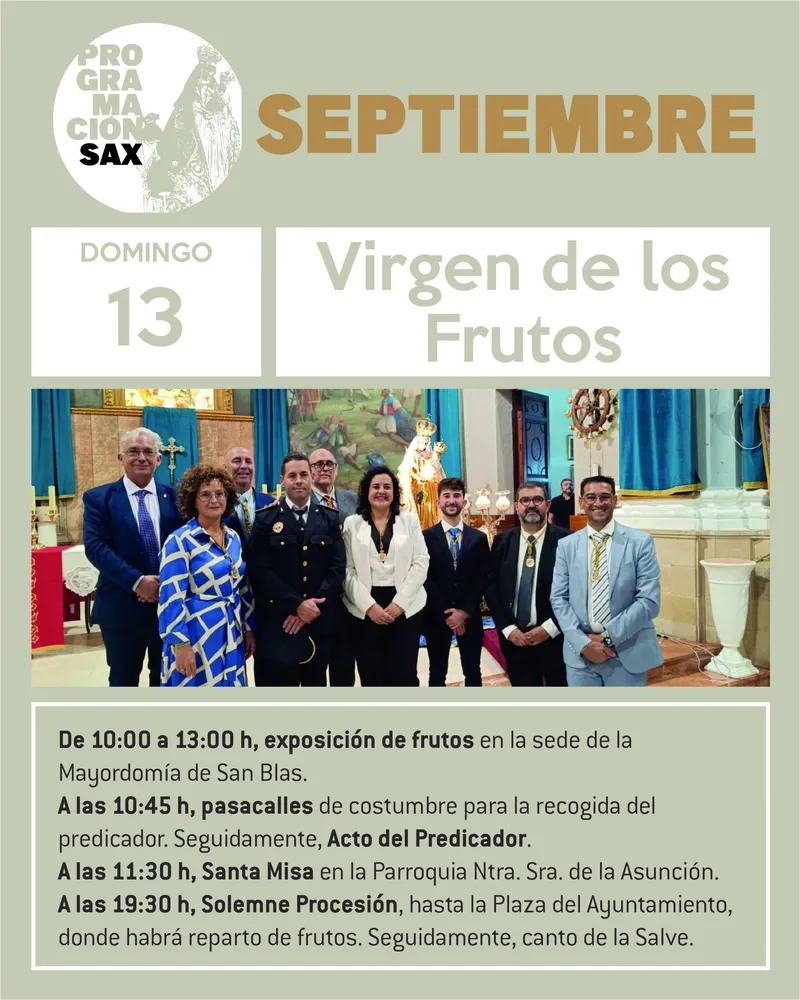 Sax celebra la festividad de la Virgen de los Frutos con procesión y reparto de productos locales