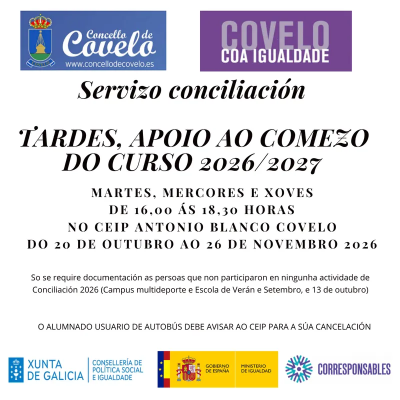 Covelo lanza un servicio gratuito de conciliación de tardes para familias
