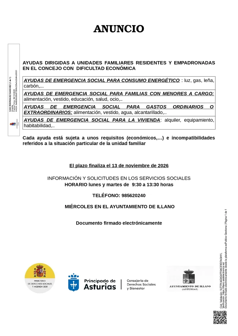 Illano abre plazo para ayudas económicas a familias con dificultades