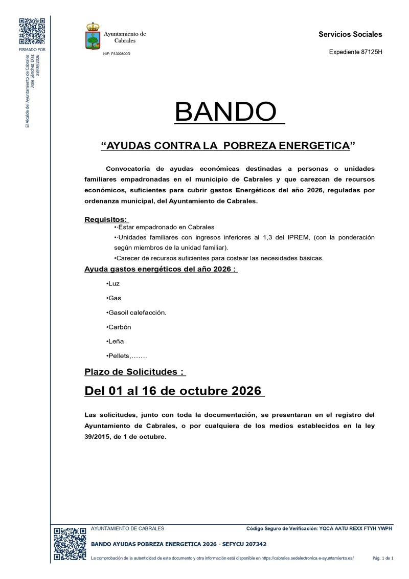 Cabrales abre el plazo para solicitar ayudas contra la pobreza energética