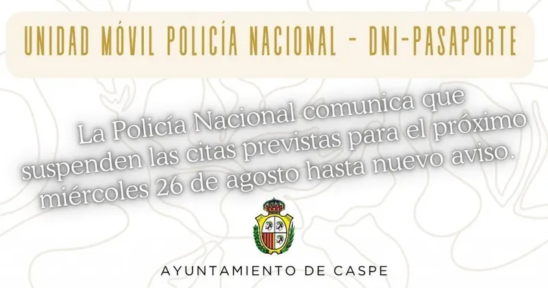Suspensión de citas para DNI y pasaporte en Caspe por causas imprevistas