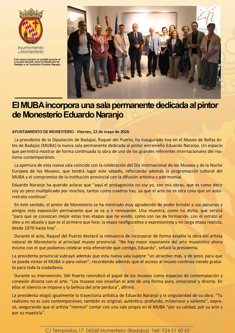El MUBA de Monesterio inaugura sala permanente dedicada a Eduardo Naranjo