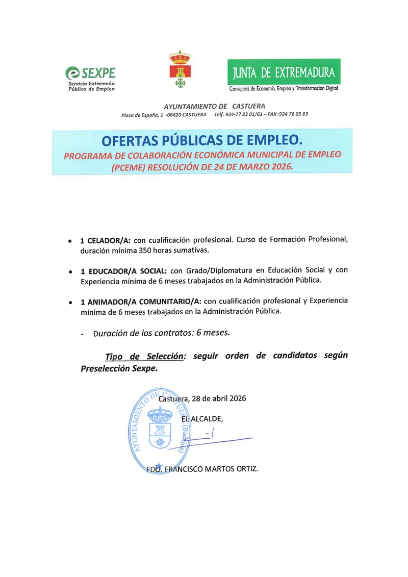Castuera lanza un programa de empleo municipal para jóvenes y parados de larga duración