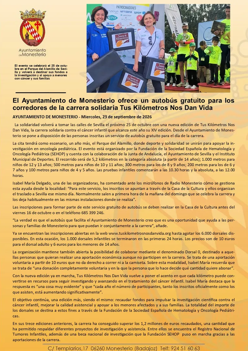 Monesterio habilita transporte gratuito para la carrera solidaria 'Tus Kilómetros Nos Dan Vida'