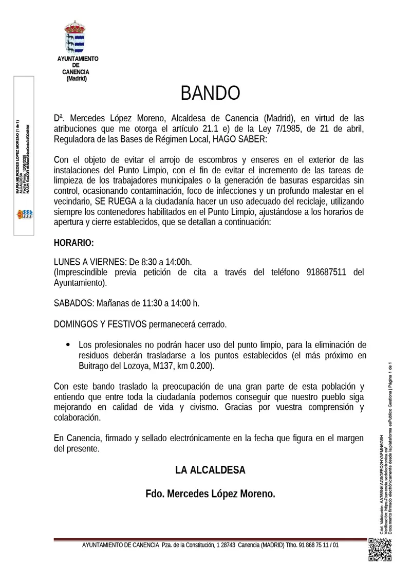 Canencia informa sobre el horario y funcionamiento del Punto Limpio