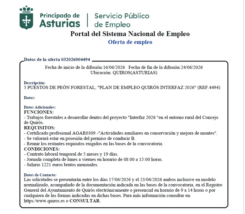 Quirós lanza el Plan de Empleo Municipal Interfaz 2026 con cinco puestos de peón forestal