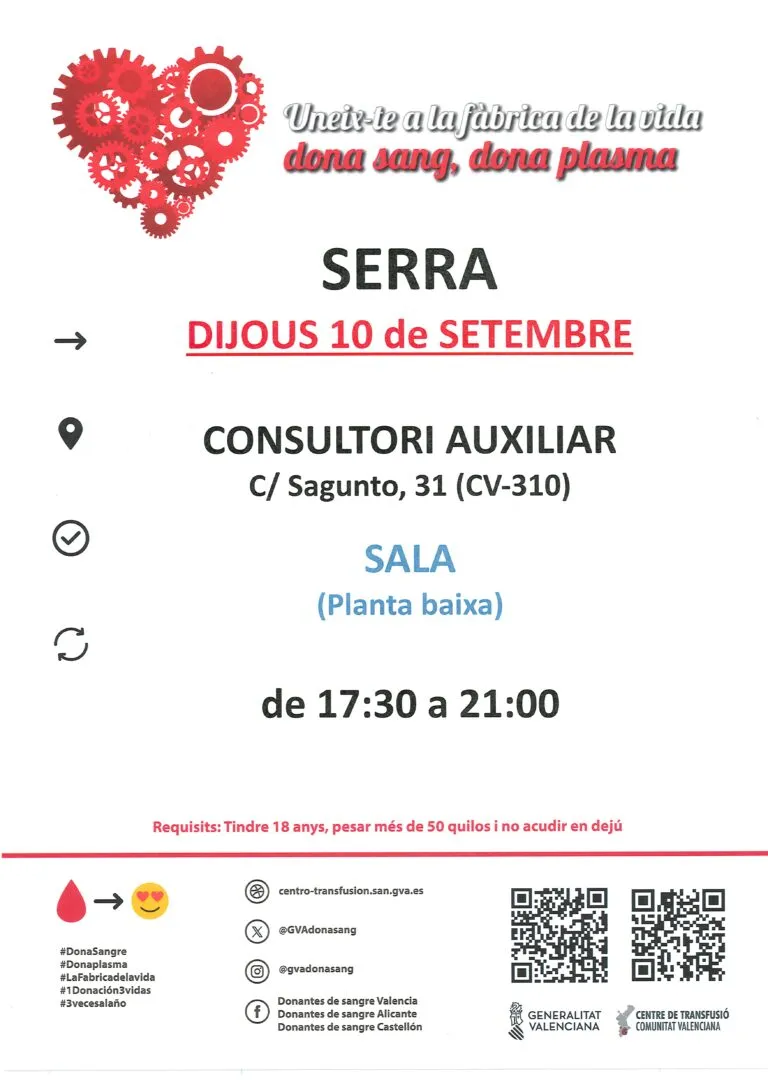 Serra organiza una jornada de donación de sangre el 10 de septiembre