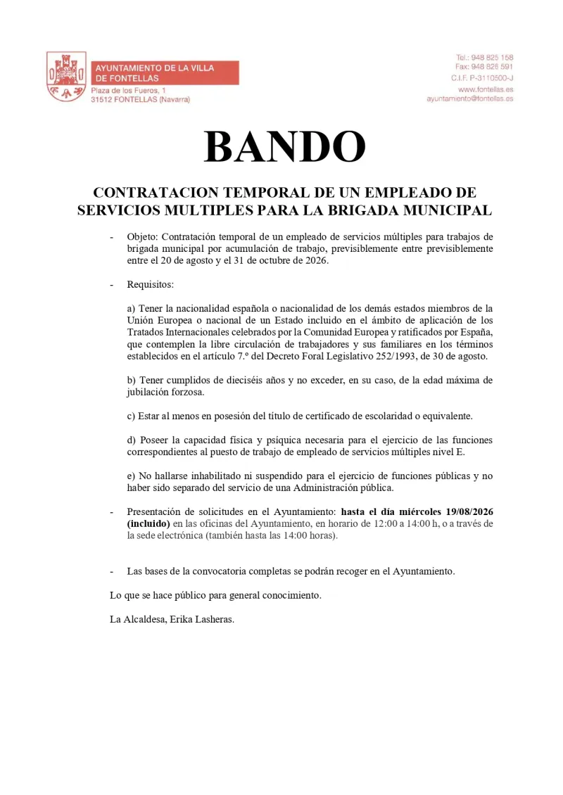 Fontellas busca un empleado de servicios múltiples para su brigada municipal