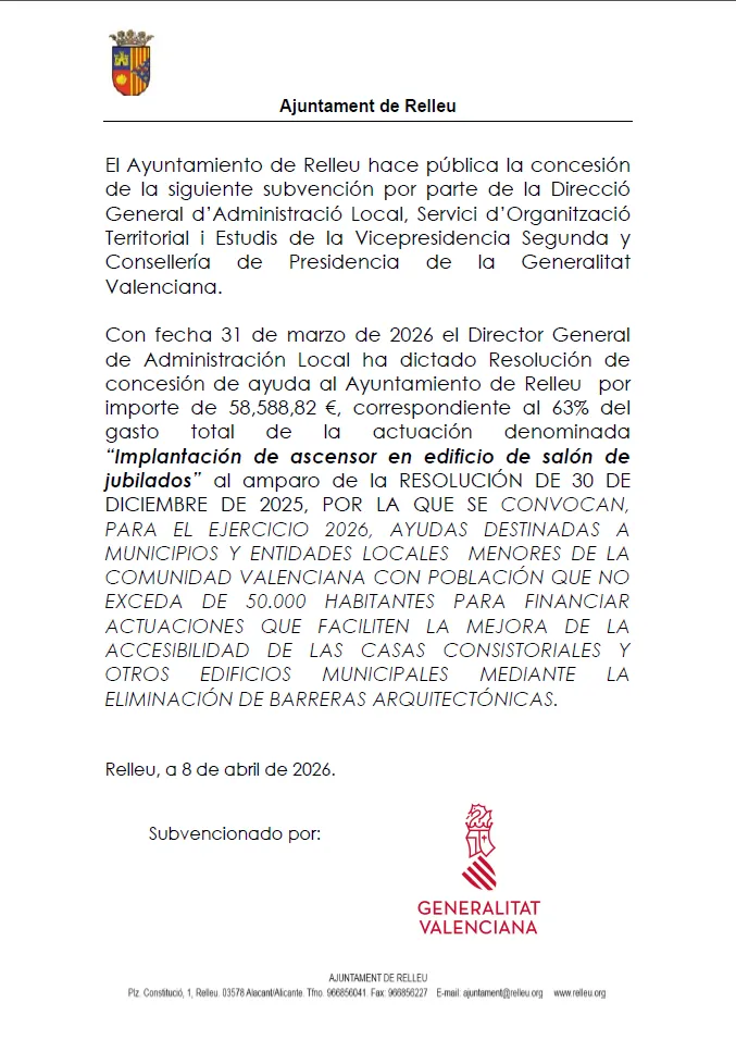 Relleu recibe una subvención de casi 60.000 euros para mejorar la accesibilidad del salón de jubilados