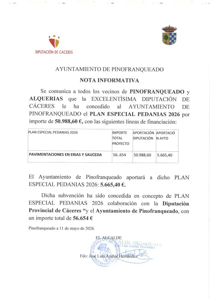 Pinofranqueado recibe 50.988€ de la Diputación para mejorar sus pedanías