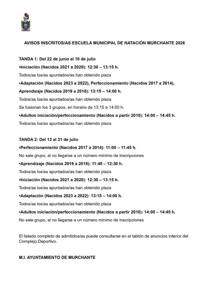 Murchante publica la lista de inscritos en los cursos de natación de 2026