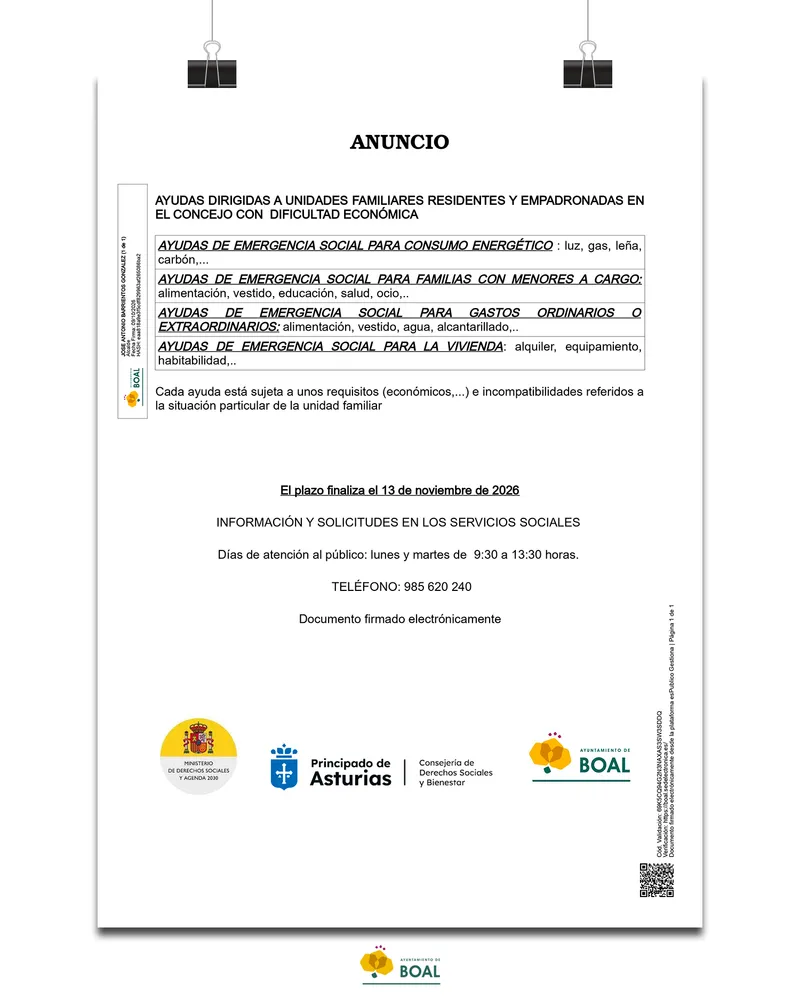 Boal abre plazo para ayudas de emergencia social hasta noviembre de 2026