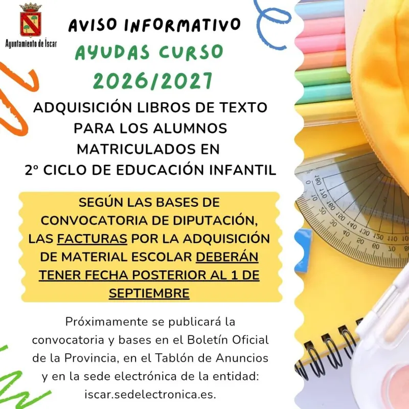 Íscar anuncia ayudas para la compra de libros de texto del curso 2026/2027