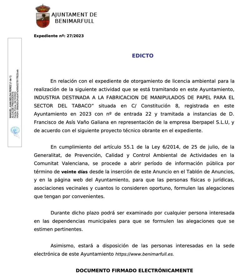 Benimarfull publica el Edicto 27/2023 con avisos municipales