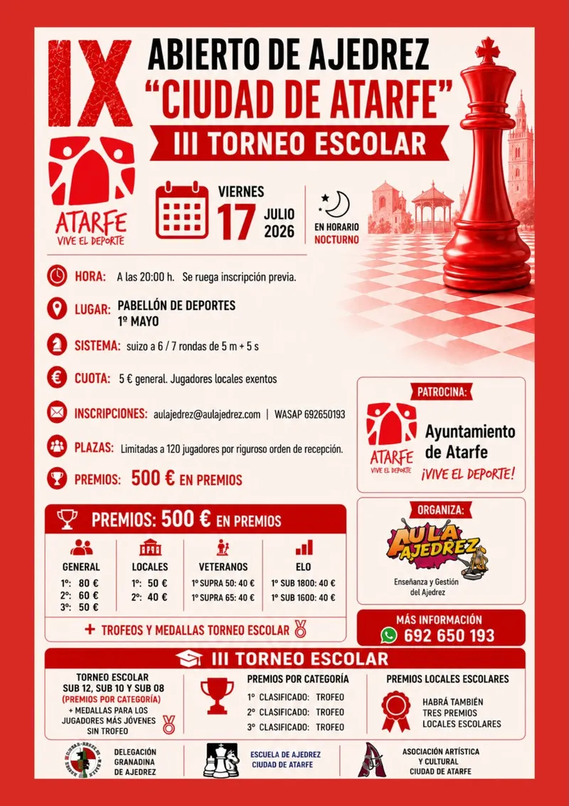 Atarfe celebra el IX Abierto de Ajedrez 'Ciudad de Atarfe' y el III Torneo Escolar