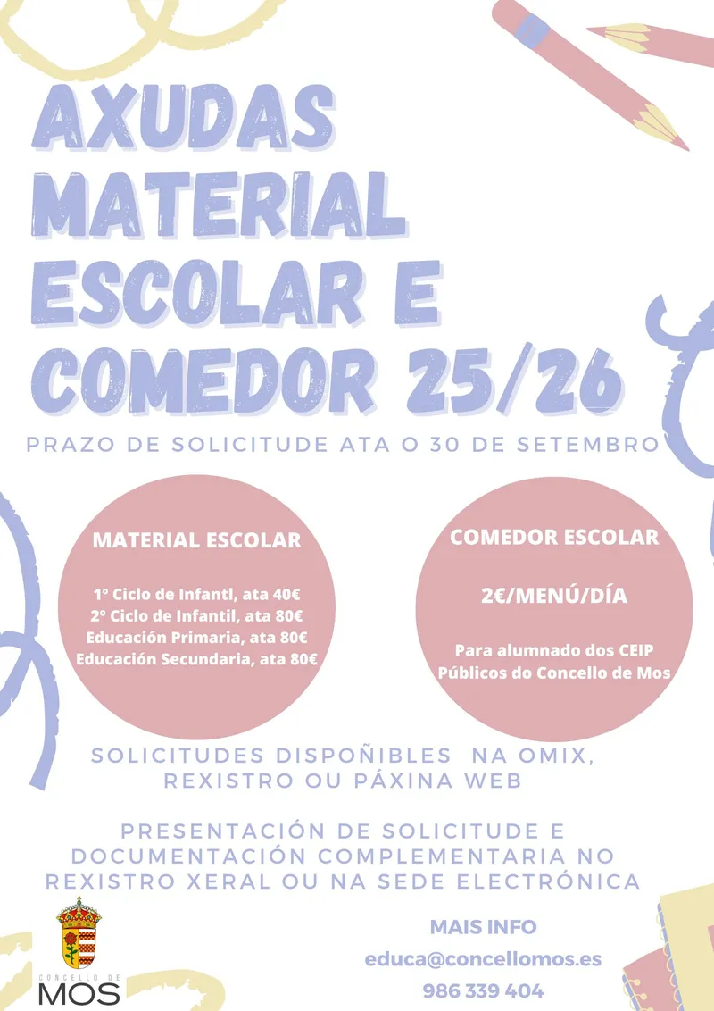 Mos abre el plazo para solicitar ayudas de material escolar y comedor para el curso 2025/2026