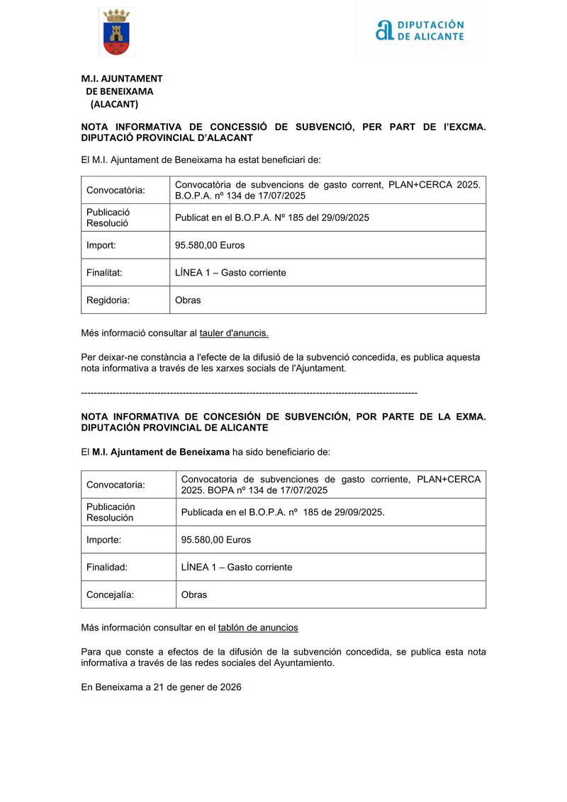 Beneixama recibe una subvención de la Diputación de Alicante para gastos corrientes