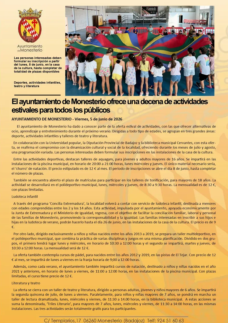 Monesterio programa una decena de actividades estivales para todos los públicos