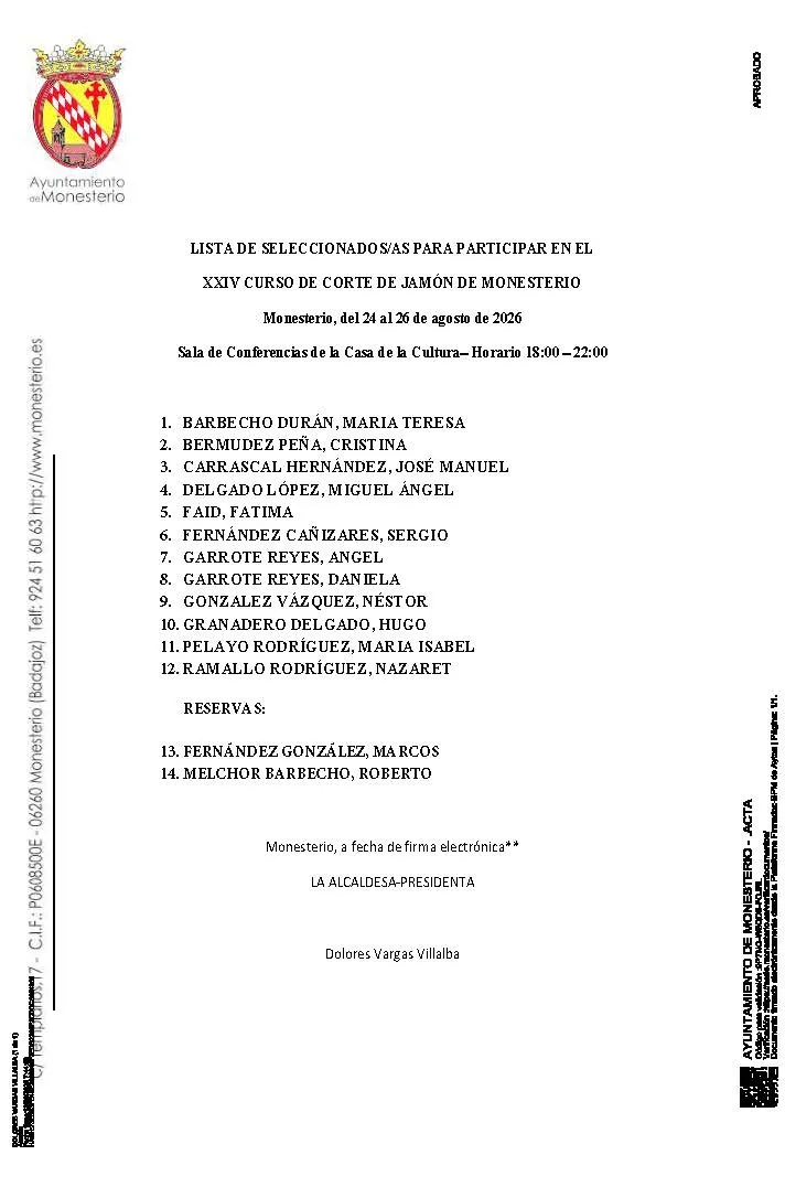 Monesterio anuncia los seleccionados para el XXIV Curso de Corte de Jamón