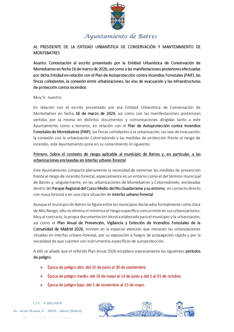 Batres aprueba el Plan de Autoprotección contra Incendios Forestales en Montebatres