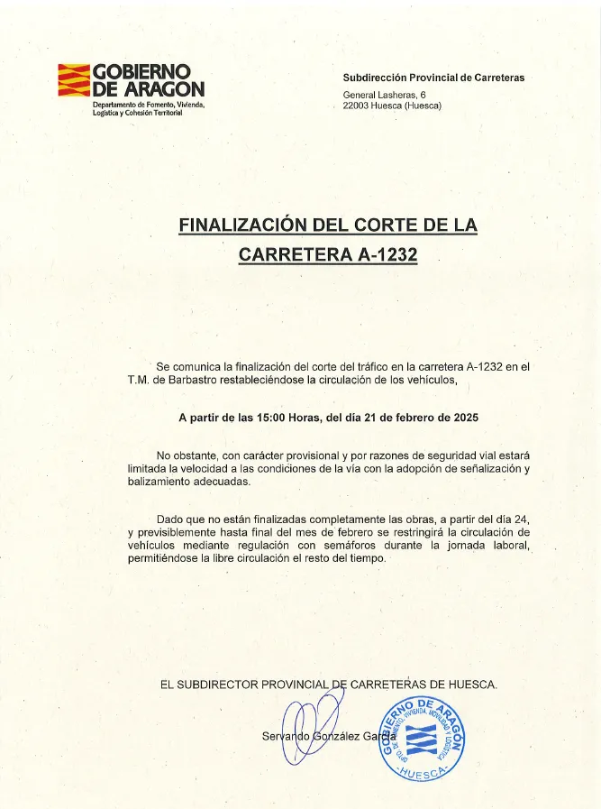 Finaliza el corte de la carretera A-1232 en Barbastro tras obras
