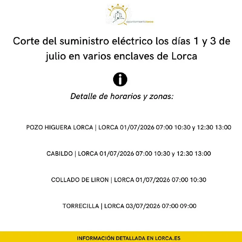 Cortes de luz programados en Lorca los días 1 y 3 de julio por mejoras en la red eléctrica