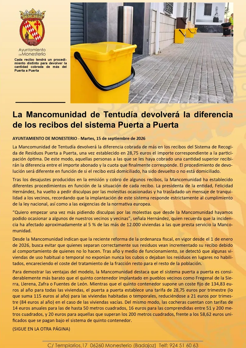 La Mancomunidad de Tentudía reembolsará el exceso de cobro del servicio Puerta a Puerta