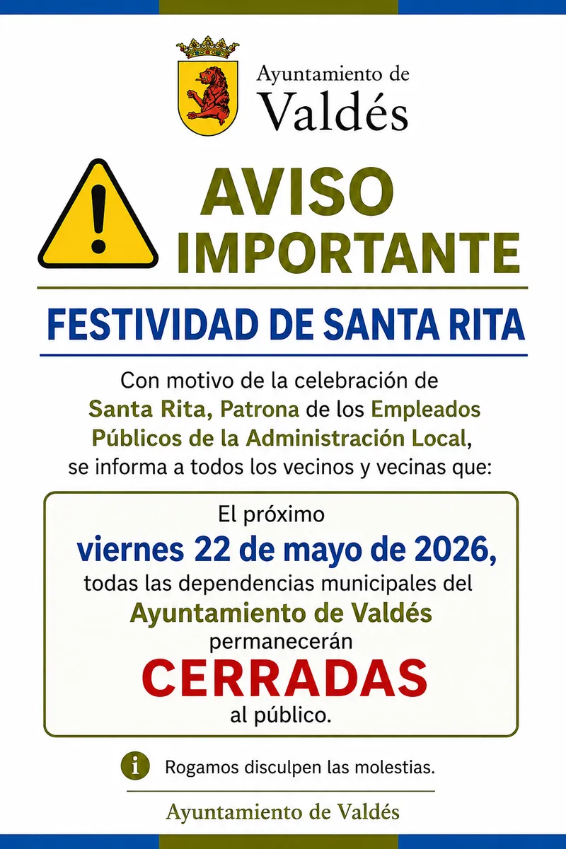 Valdés cierra sus dependencias municipales el 22 de mayo por Santa Rita