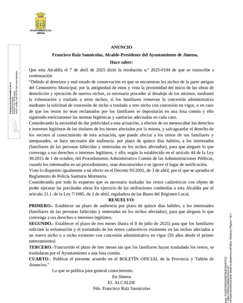 Jimena inicia el proceso de demolición de nichos en mal estado en su cementerio
