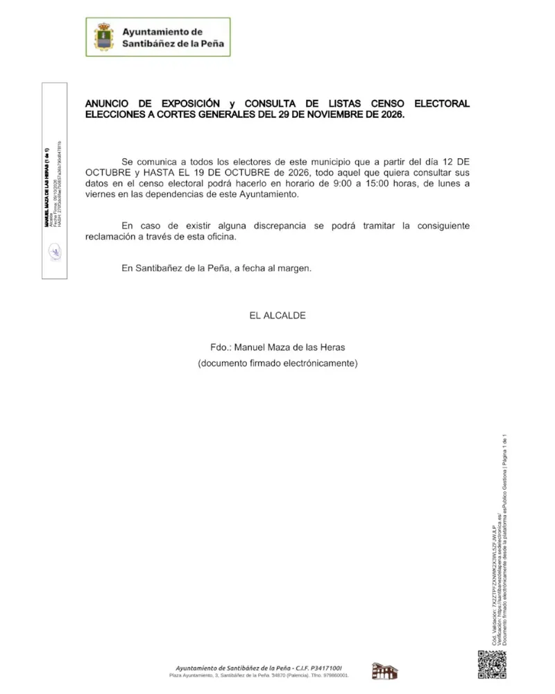Exposición de listas del censo electoral para las elecciones generales del 29 de noviembre
