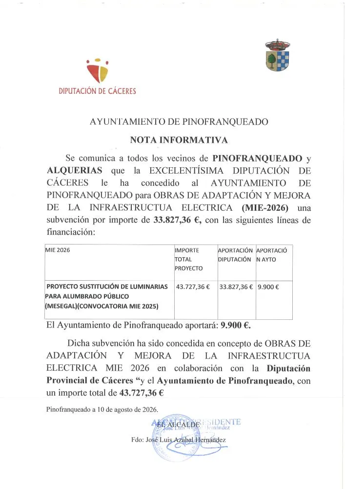 Pinofranqueado recibe 33.827 € de la Diputación de Cáceres para mejorar la red eléctrica
