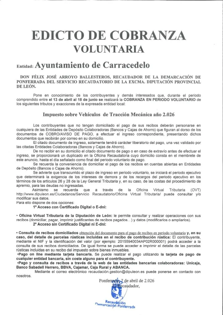 Carracedelo abre el plazo para el pago voluntario del IVTM 2026
