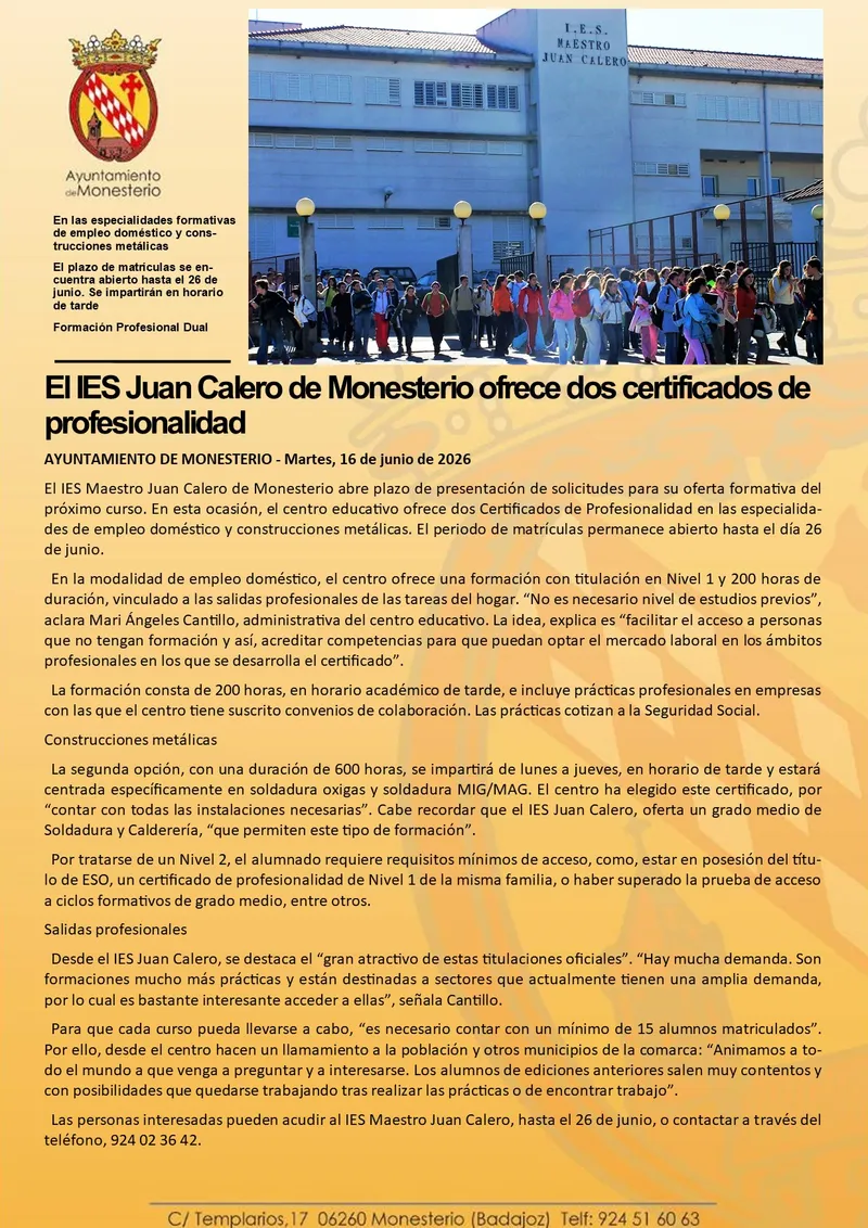 El IES Juan Calero de Monesterio amplía su oferta formativa con certificados de profesionalidad