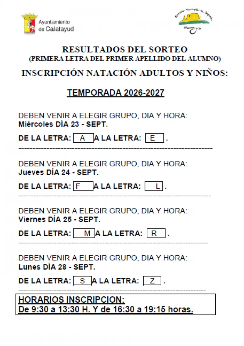 Calatayud publica el resultado del sorteo para las clases de natación