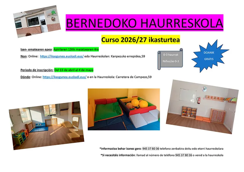 Bernedo abre el plazo de inscripción para la Haurreskola del curso 2026/27