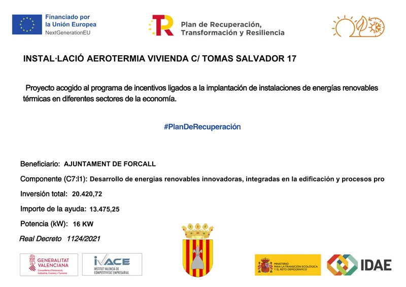 Forcall recibe una subvención de 13.475 € para instalar aerotermia en una vivienda municipal