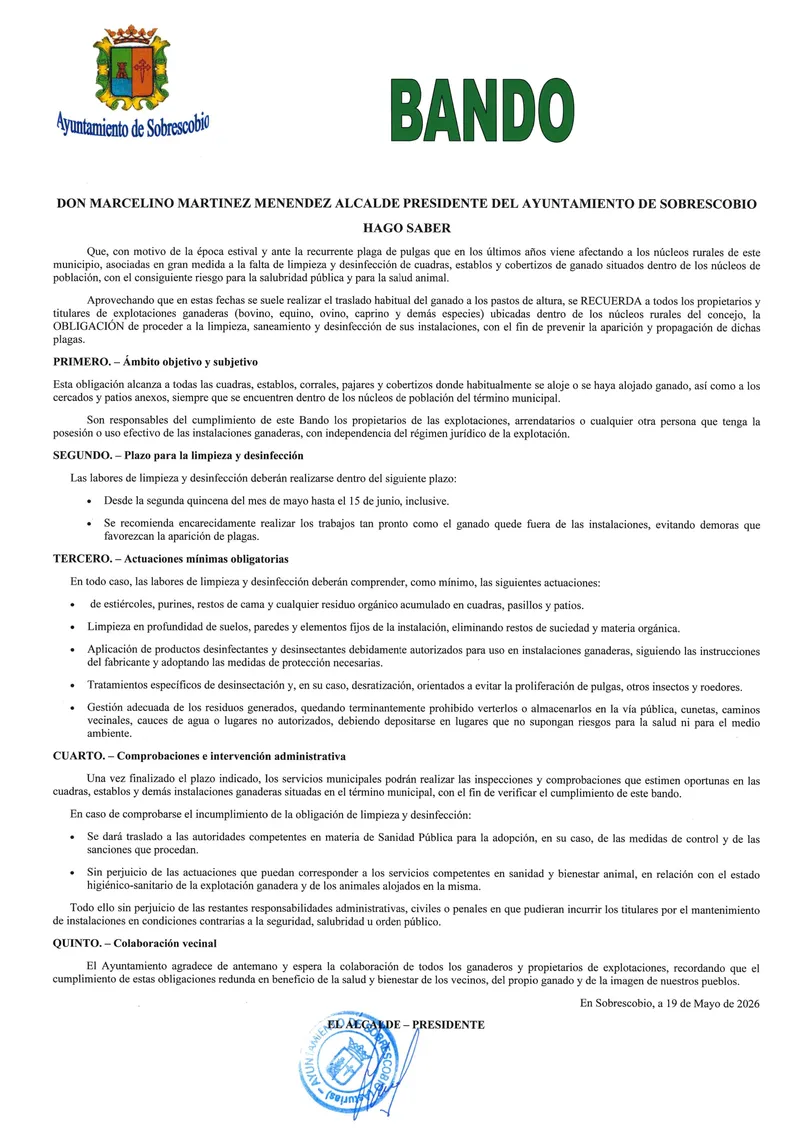Sobrescobio recuerda la obligación de desinfectar establos para prevenir plagas