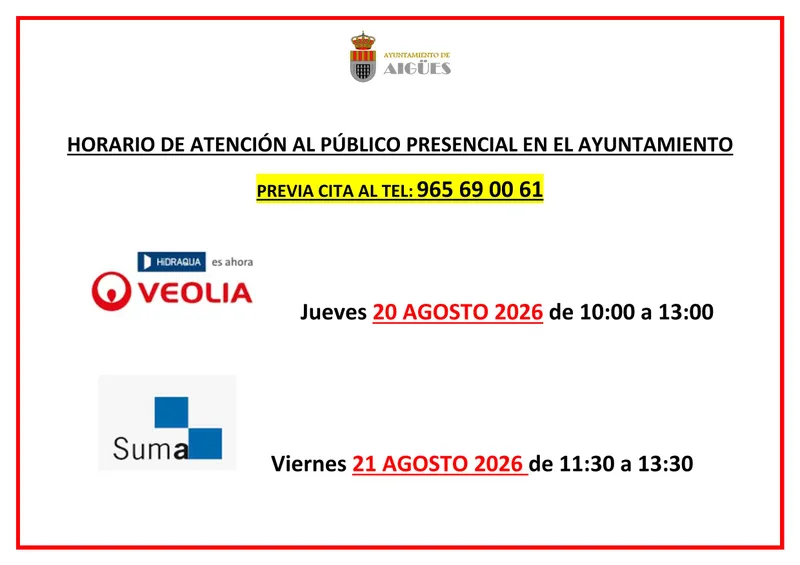 Ayuntamiento de Aigües: Horario de atención al público presencial en agosto
