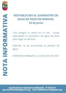 Valdeolmos-Alalpardo restablece el suministro de agua de pozo en Miraval tras una avería
